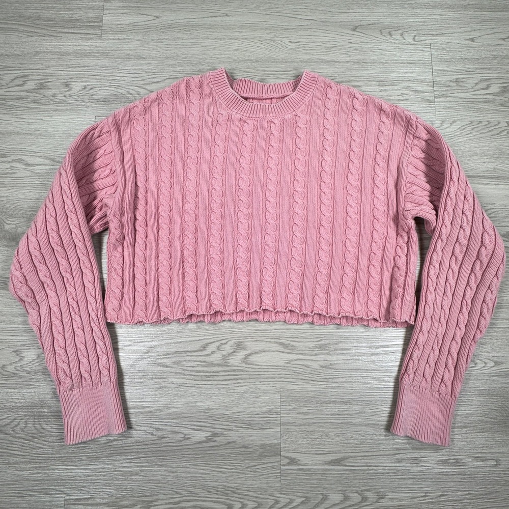Aerie Women Sweater Large Pink Cable Knit Cropped Long Sleeve Cotton Crew Neck